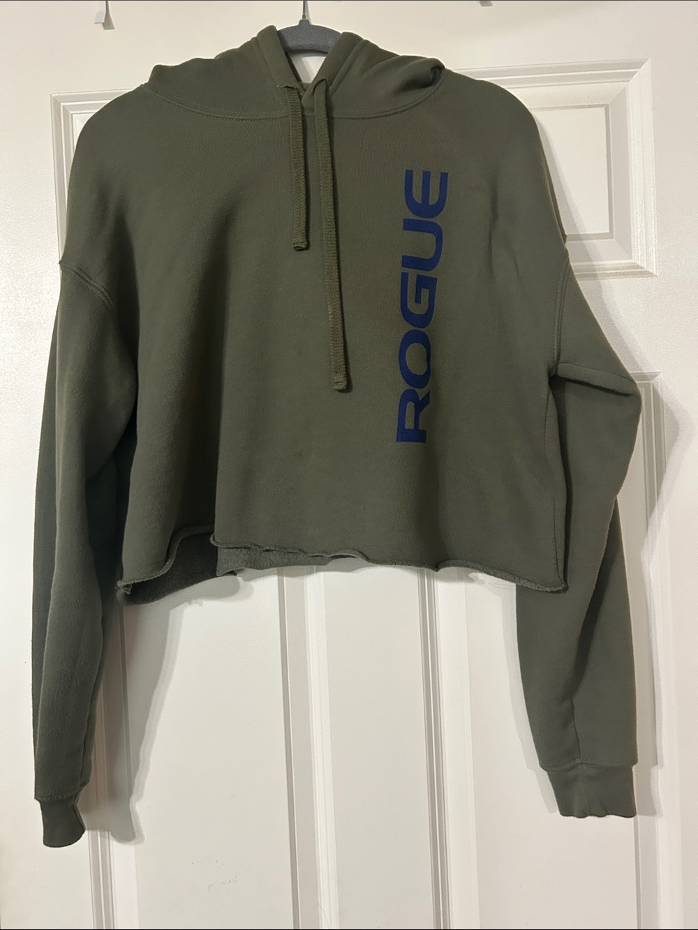 Rogue Olive Green Cropped Hoodie with Navy Vertical Logo